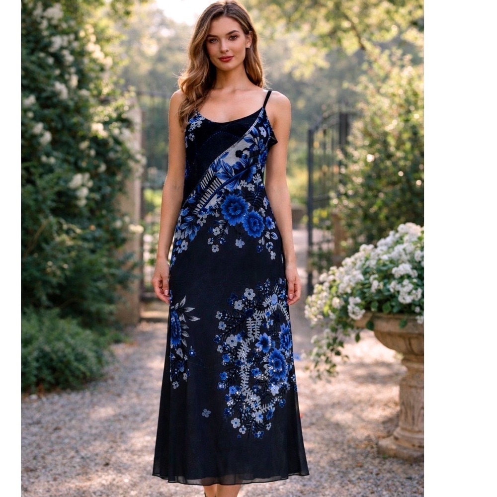 Y2K Blue Floral Burnout Midi Slip Dress‎ Fairy, Goth,Whimsy, Romantic, 2010,Prom